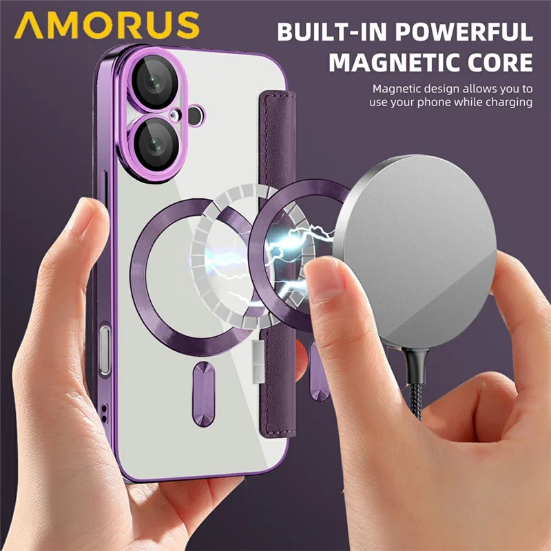 AMORUS For iPhone 16 Case Compatible with MagSafe RFID Blocking Card Holder Leather Phone Cover - Dark Purple