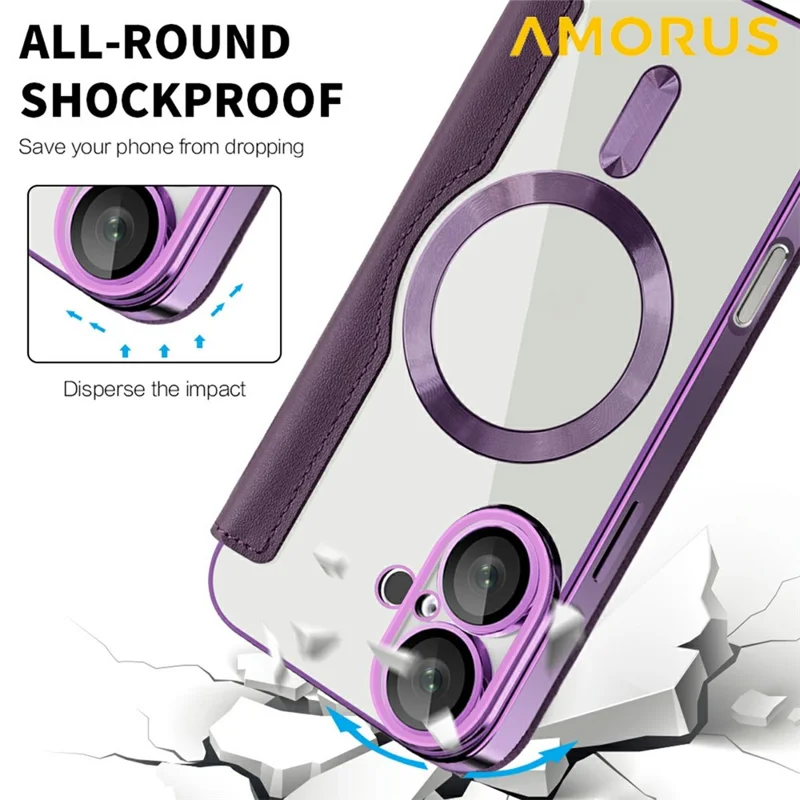 AMORUS For iPhone 16 Case Compatible with MagSafe RFID Blocking Card Holder Leather Phone Cover - Dark Purple
