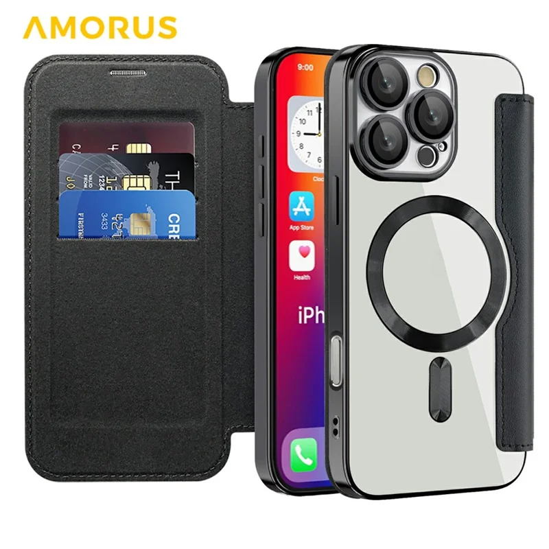 AMORUS Für iPhone 16 Pro Hülle Kompatibel mit MagSafe RFID-blockierender Kartenfach Leder Handyhülle - Schwarz