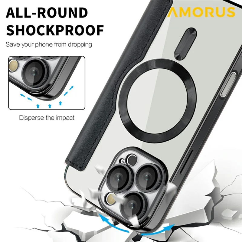 AMORUS Für iPhone 16 Pro Hülle Kompatibel mit MagSafe RFID-blockierender Kartenfach Leder Handyhülle - Schwarz