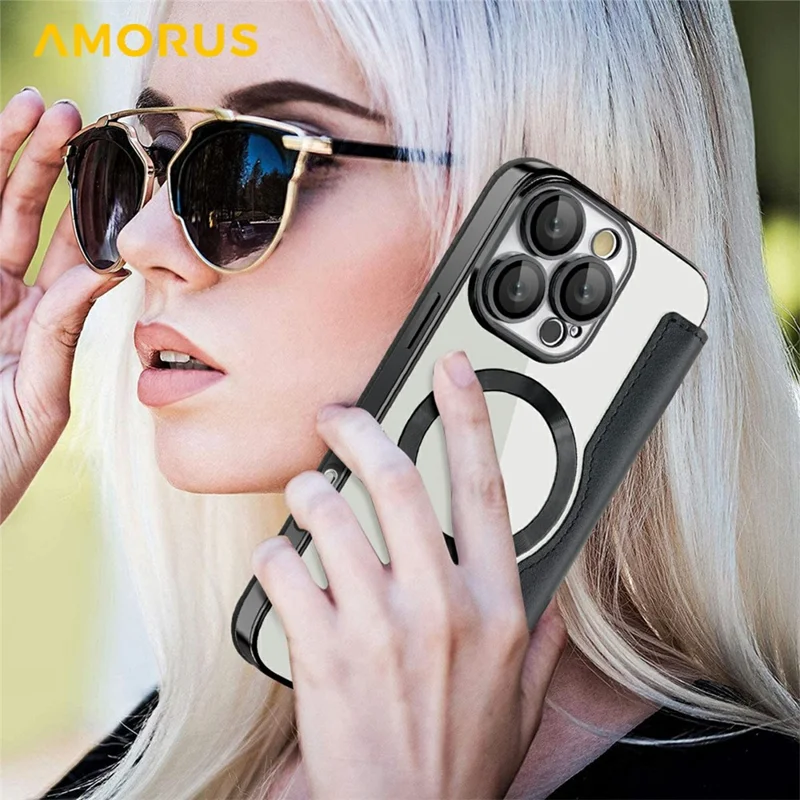 AMORUS Für iPhone 16 Pro Hülle Kompatibel mit MagSafe RFID-blockierender Kartenfach Leder Handyhülle - Schwarz