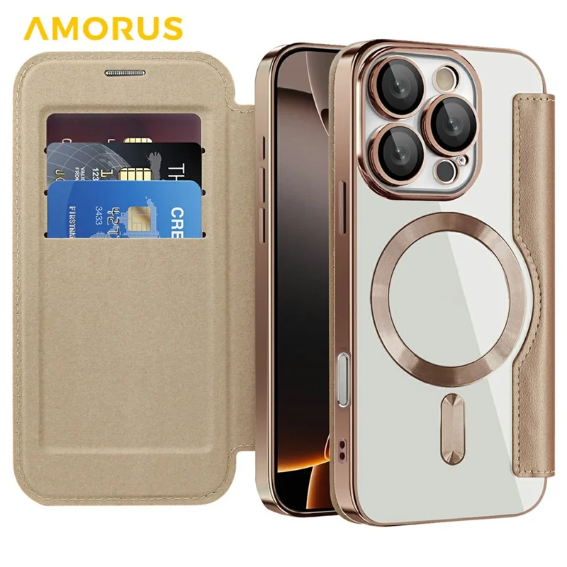 AMORUS For iPhone 16 Pro Case Compatible with MagSafe RFID Blocking Card Holder Leather Phone Cover - Desert Gold