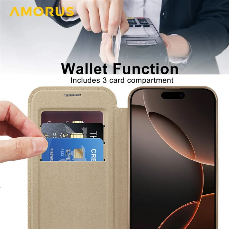 AMORUS For iPhone 16 Pro Case Compatible with MagSafe RFID Blocking Card Holder Leather Phone Cover - Desert Gold