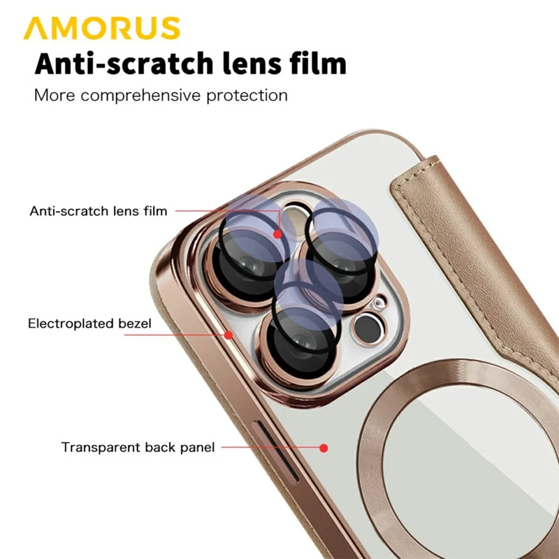 AMORUS For iPhone 16 Pro Case Compatible with MagSafe RFID Blocking Card Holder Leather Phone Cover - Desert Gold