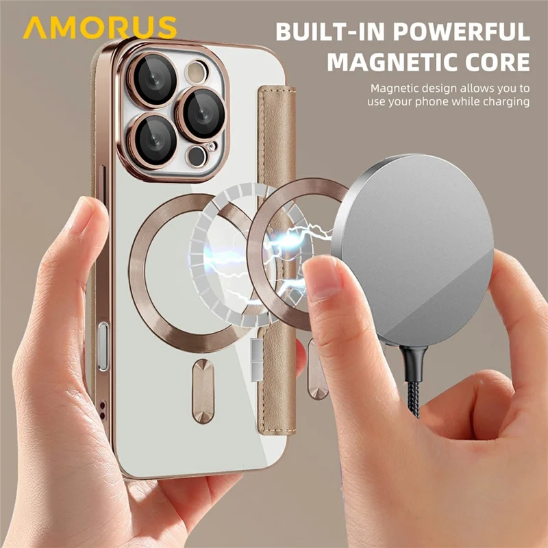 AMORUS For iPhone 16 Pro Case Compatible with MagSafe RFID Blocking Card Holder Leather Phone Cover - Desert Gold