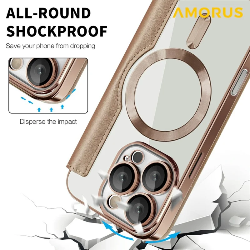AMORUS For iPhone 16 Pro Case Compatible with MagSafe RFID Blocking Card Holder Leather Phone Cover - Desert Gold