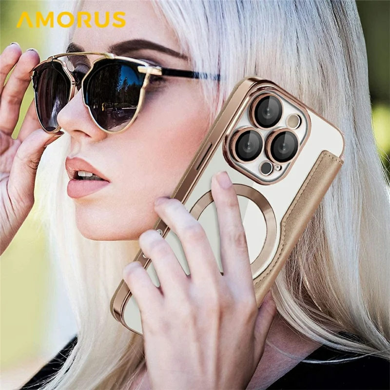AMORUS For iPhone 16 Pro Case Compatible with MagSafe RFID Blocking Card Holder Leather Phone Cover - Desert Gold