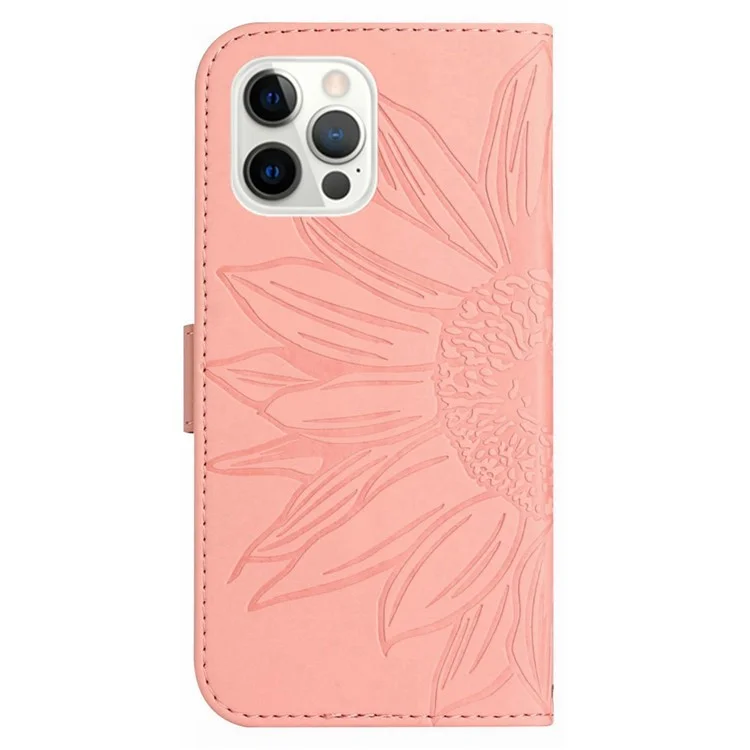 For iPhone 12 / 12 Pro 6.1 inch HT04 Imprinted Sunflower Phone Wallet Stand Case Skin-touch PU Leather Folio Flip Cover with Shoulder Strap - Light Pink