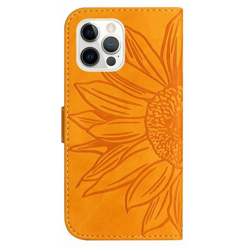 For iPhone 12 / 12 Pro 6.1 inch HT04 Imprinted Sunflower Phone Wallet Stand Case Skin-touch PU Leather Folio Flip Cover with Shoulder Strap - Yellow