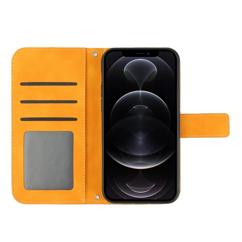 For iPhone 12 / 12 Pro 6.1 inch HT04 Imprinted Sunflower Phone Wallet Stand Case Skin-touch PU Leather Folio Flip Cover with Shoulder Strap - Yellow