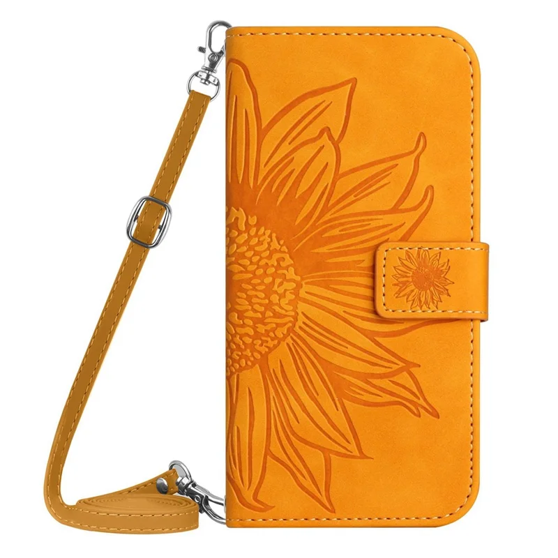 For iPhone 12 / 12 Pro 6.1 inch HT04 Imprinted Sunflower Phone Wallet Stand Case Skin-touch PU Leather Folio Flip Cover with Shoulder Strap - Yellow