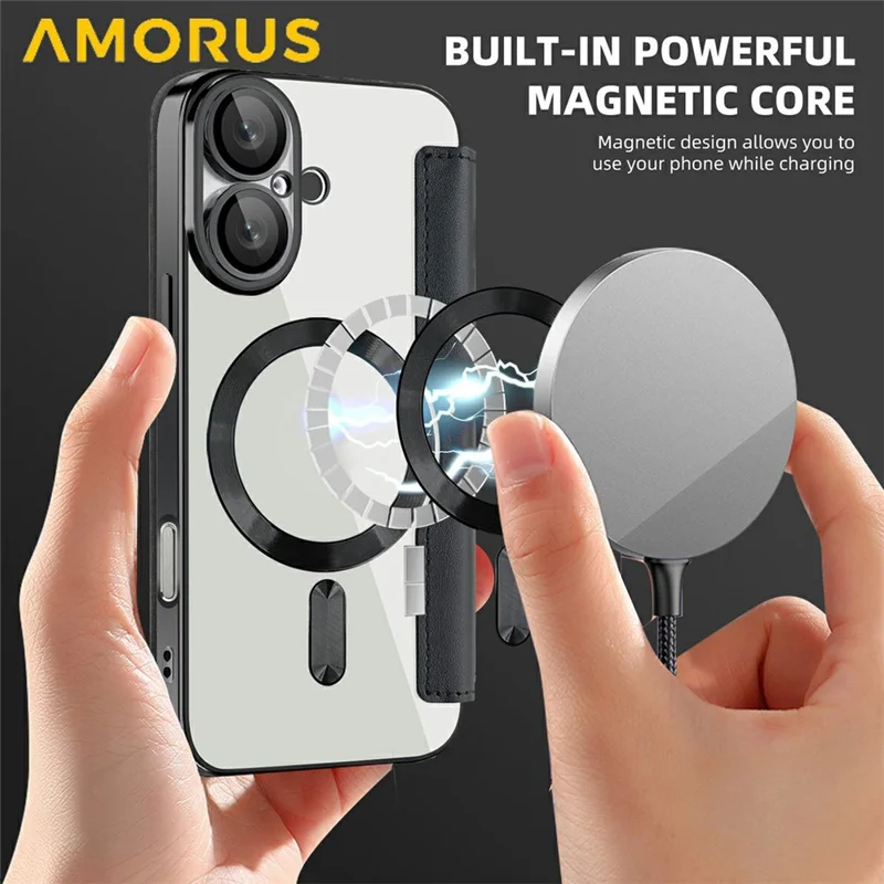 AMORUS Für iPhone 16 Plus Hülle Kompatibel mit MagSafe RFID-blockierendem Kartenfach Leder Handyhülle - Schwarz