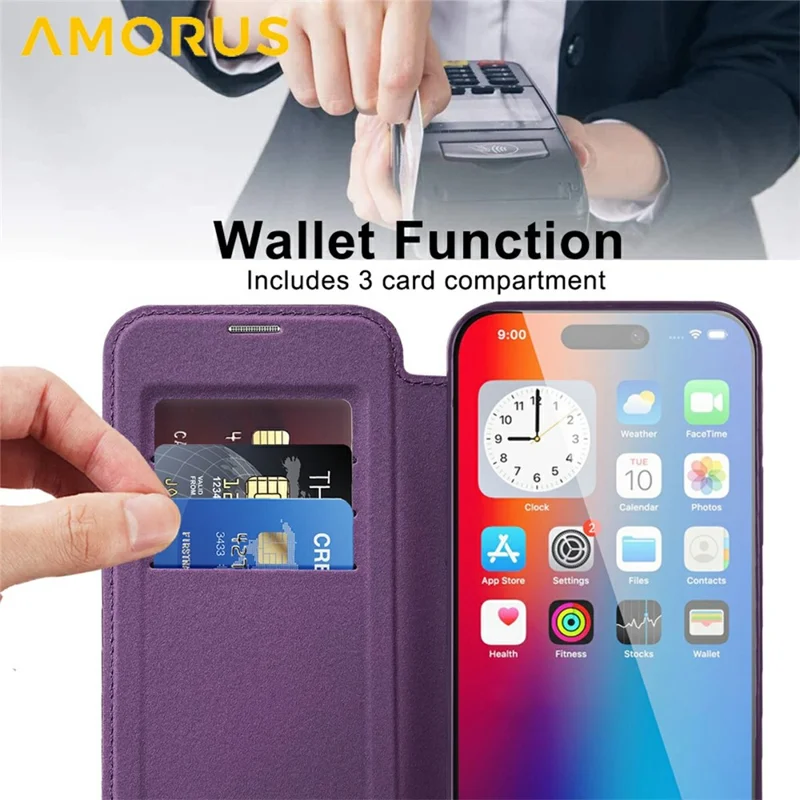AMORUS For iPhone 16 Plus Case Compatible with MagSafe RFID Blocking Card Holder Leather Phone Cover - Dark Purple