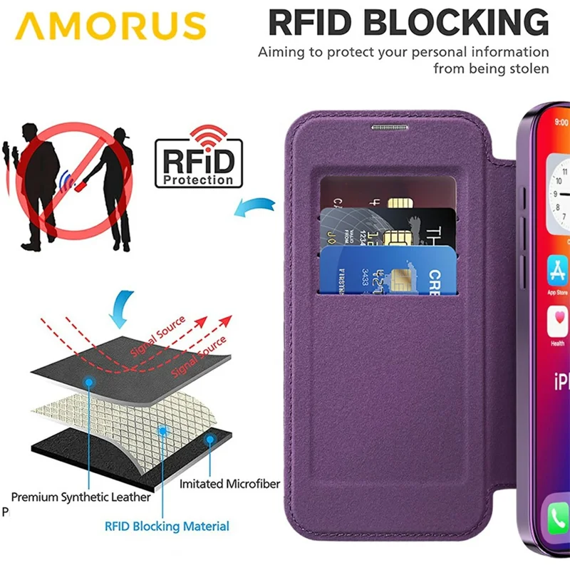 AMORUS For iPhone 16 Plus Case Compatible with MagSafe RFID Blocking Card Holder Leather Phone Cover - Dark Purple