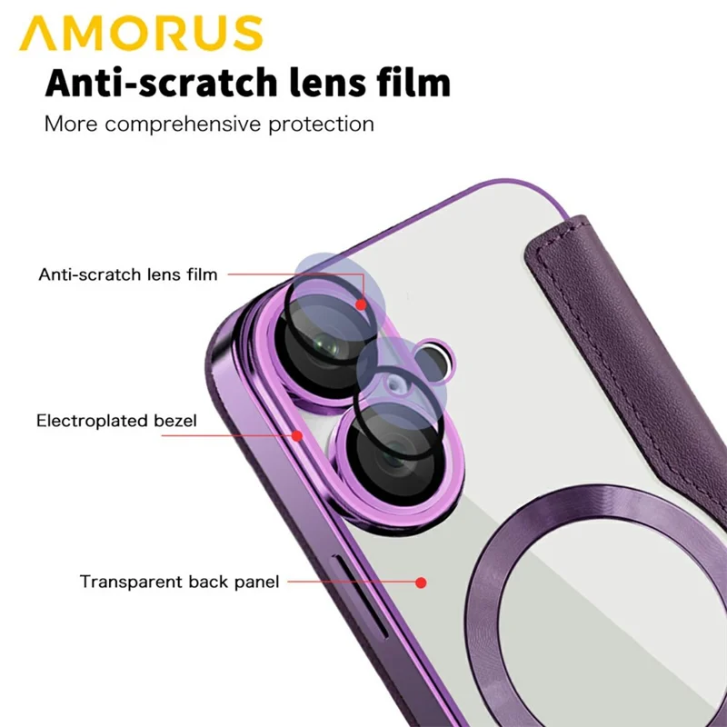 AMORUS For iPhone 16 Plus Case Compatible with MagSafe RFID Blocking Card Holder Leather Phone Cover - Dark Purple