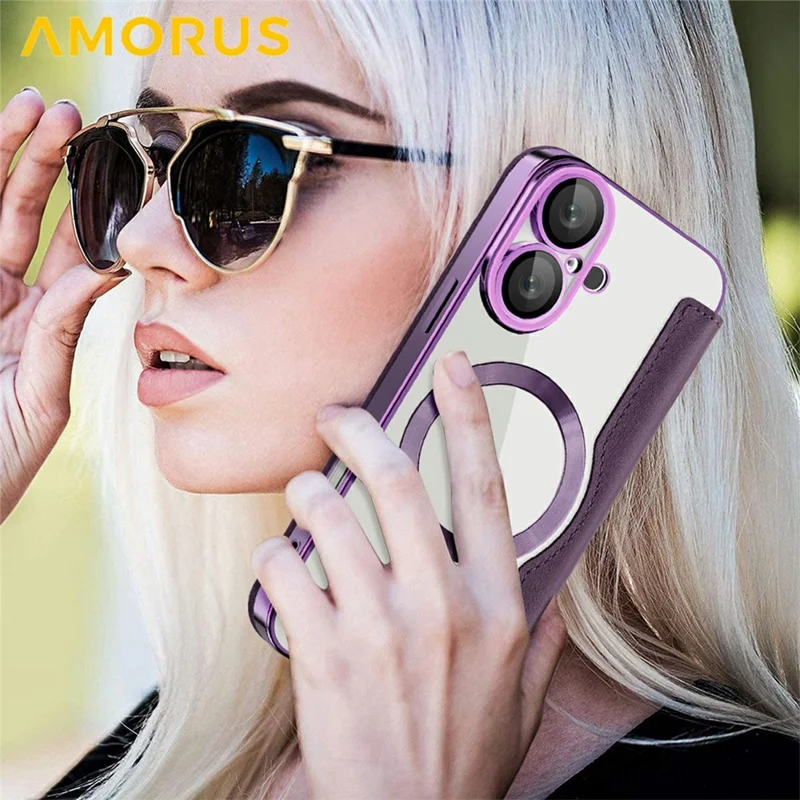 AMORUS For iPhone 16 Plus Case Compatible with MagSafe RFID Blocking Card Holder Leather Phone Cover - Dark Purple