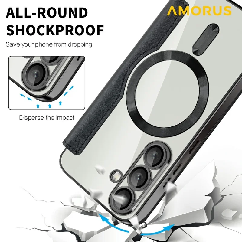 AMORUS Für Samsung Galaxy S25+ Hülle Kompatibel mit MagSafe RFID-blockierender Kartenfach Lederhandy Hülle - Schwarz