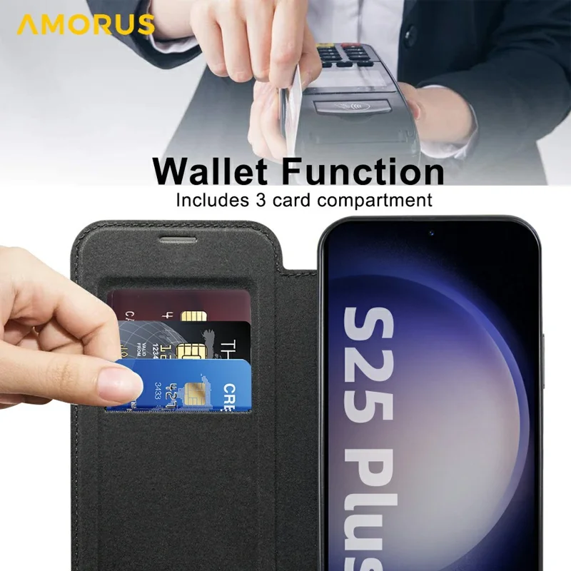 AMORUS Für Samsung Galaxy S25+ Hülle Kompatibel mit MagSafe RFID-blockierender Kartenfach Lederhandy Hülle - Schwarz