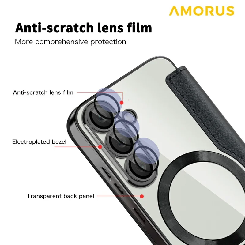 AMORUS Für Samsung Galaxy S25+ Hülle Kompatibel mit MagSafe RFID-blockierender Kartenfach Lederhandy Hülle - Schwarz