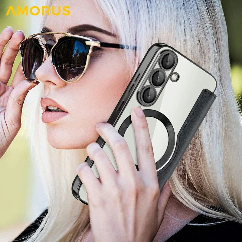 AMORUS Für Samsung Galaxy S25+ Hülle Kompatibel mit MagSafe RFID-blockierender Kartenfach Lederhandy Hülle - Schwarz