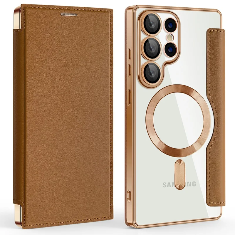 AMORUS Capa para Samsung Galaxy S25 Ultra Compatível com MagSafe Suporte para Cartão com Bloqueio RFID Cobertura de Telefone de Couro - Marrom