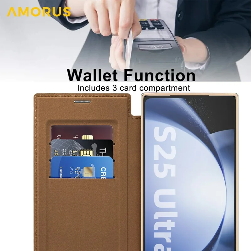AMORUS Capa para Samsung Galaxy S25 Ultra Compatível com MagSafe Suporte para Cartão com Bloqueio RFID Cobertura de Telefone de Couro - Marrom