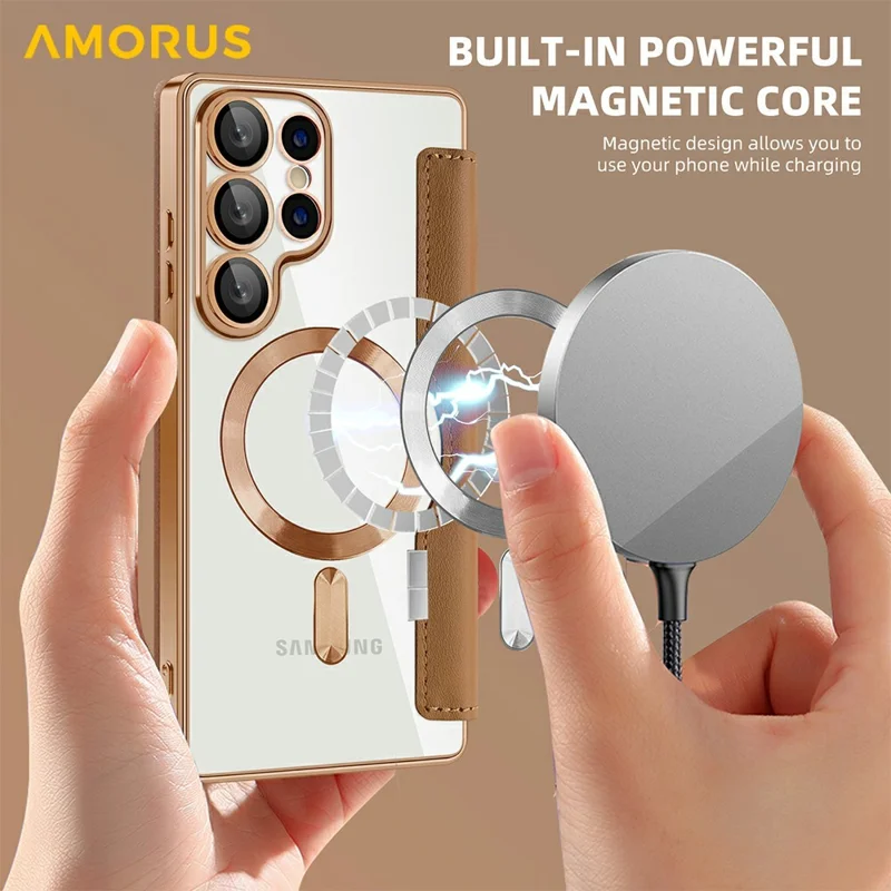 AMORUS Capa para Samsung Galaxy S25 Ultra Compatível com MagSafe Suporte para Cartão com Bloqueio RFID Cobertura de Telefone de Couro - Marrom