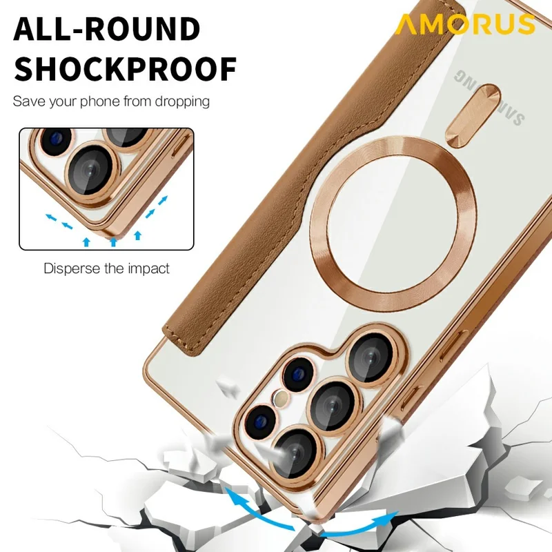AMORUS Capa para Samsung Galaxy S25 Ultra Compatível com MagSafe Suporte para Cartão com Bloqueio RFID Cobertura de Telefone de Couro - Marrom