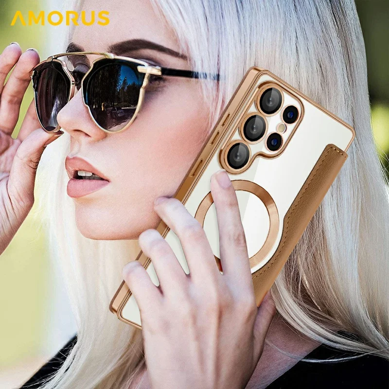 AMORUS Capa para Samsung Galaxy S25 Ultra Compatível com MagSafe Suporte para Cartão com Bloqueio RFID Cobertura de Telefone de Couro - Marrom