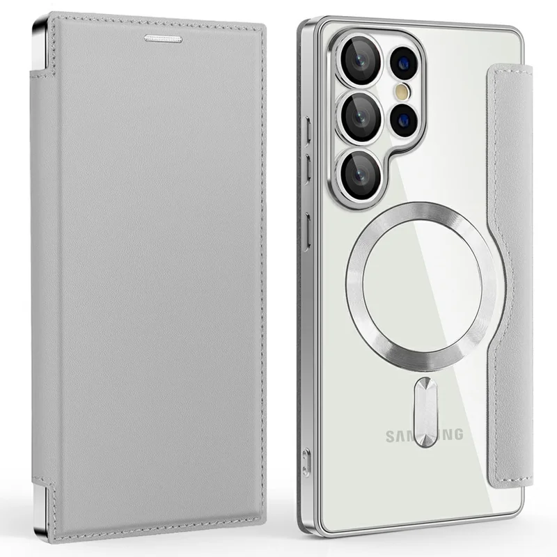 AMORUS For Samsung Galaxy S25 Ultra Case Magnetic Case RFID Blocking Card Holder Leather Phone Cover - Titanium Grey