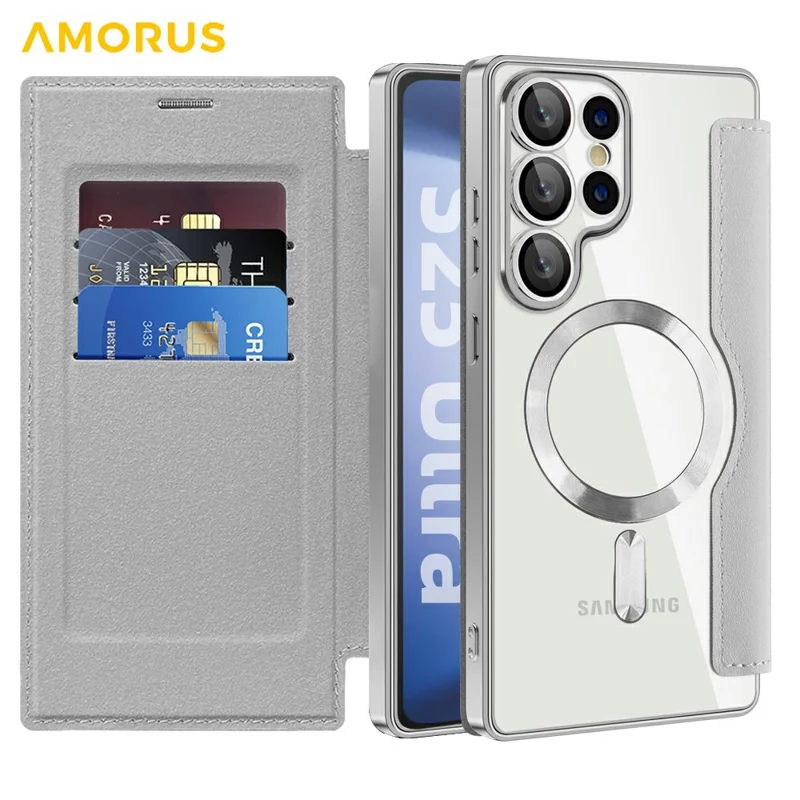 AMORUS For Samsung Galaxy S25 Ultra Case Magnetic Case RFID Blocking Card Holder Leather Phone Cover - Titanium Grey