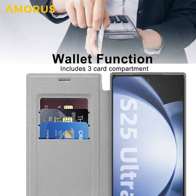 AMORUS For Samsung Galaxy S25 Ultra Case Magnetic Case RFID Blocking Card Holder Leather Phone Cover - Titanium Grey