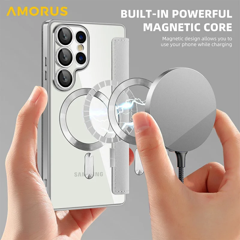 AMORUS For Samsung Galaxy S25 Ultra Case Magnetic Case RFID Blocking Card Holder Leather Phone Cover - Titanium Grey