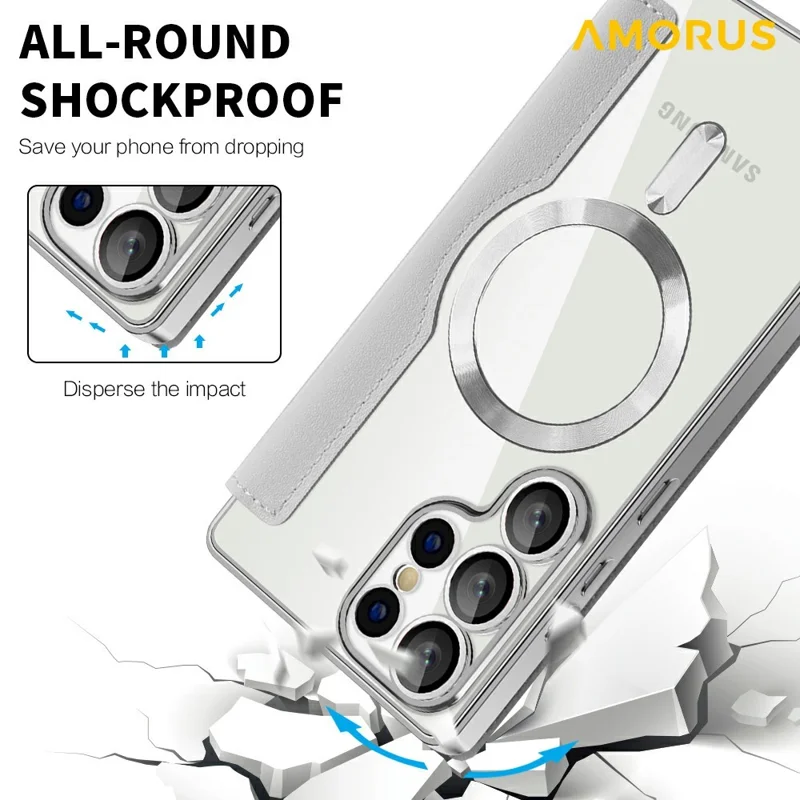 AMORUS For Samsung Galaxy S25 Ultra Case Magnetic Case RFID Blocking Card Holder Leather Phone Cover - Titanium Grey