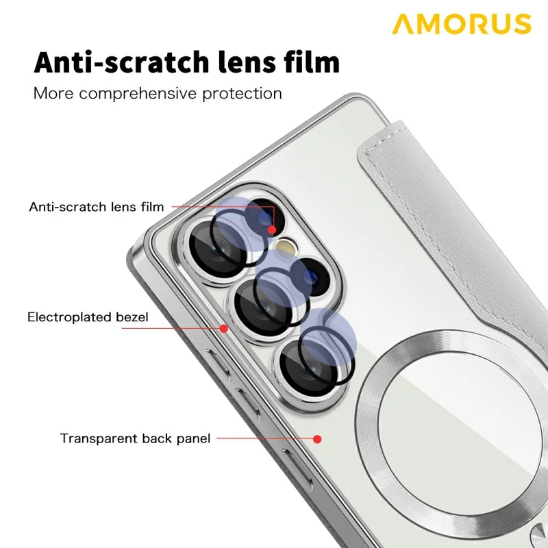 AMORUS For Samsung Galaxy S25 Ultra Case Magnetic Case RFID Blocking Card Holder Leather Phone Cover - Titanium Grey