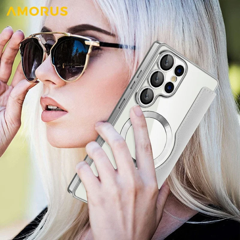 AMORUS For Samsung Galaxy S25 Ultra Case Magnetic Case RFID Blocking Card Holder Leather Phone Cover - Titanium Grey
