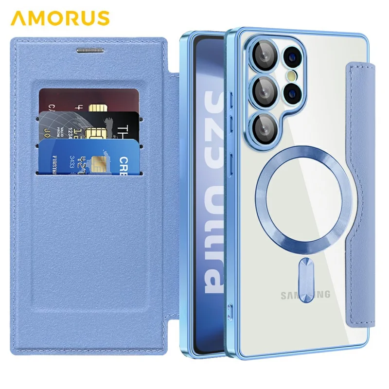 AMORUS For Samsung Galaxy S25 Ultra Case Magnetic Case RFID Blocking Card Holder Leather Phone Cover - Blue