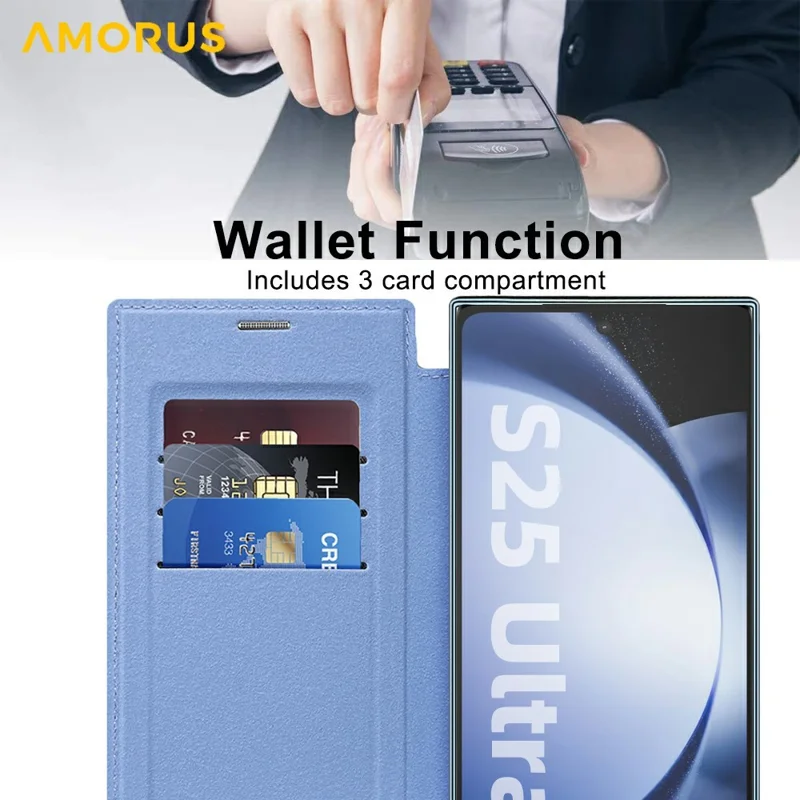 AMORUS For Samsung Galaxy S25 Ultra Case Magnetic Case RFID Blocking Card Holder Leather Phone Cover - Blue