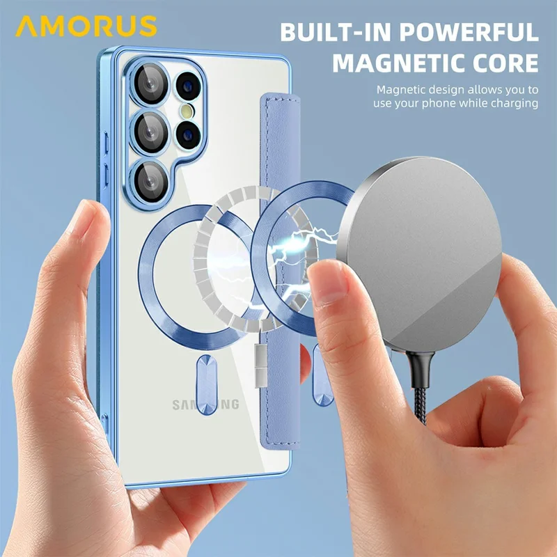 AMORUS For Samsung Galaxy S25 Ultra Case Magnetic Case RFID Blocking Card Holder Leather Phone Cover - Blue