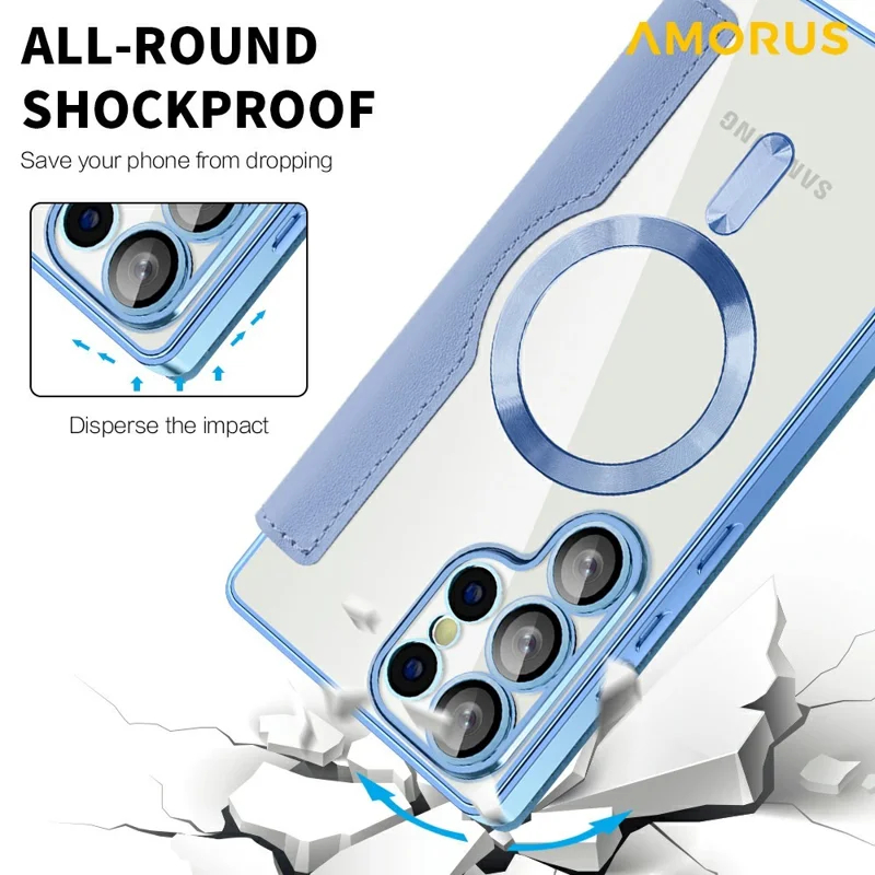 AMORUS For Samsung Galaxy S25 Ultra Case Magnetic Case RFID Blocking Card Holder Leather Phone Cover - Blue