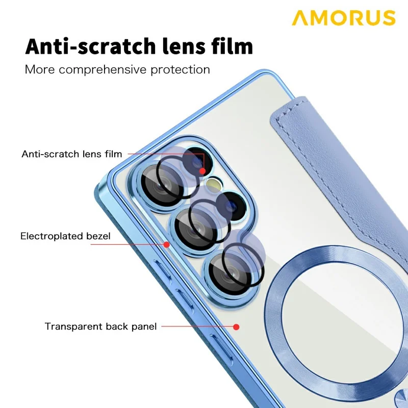 AMORUS For Samsung Galaxy S25 Ultra Case Magnetic Case RFID Blocking Card Holder Leather Phone Cover - Blue