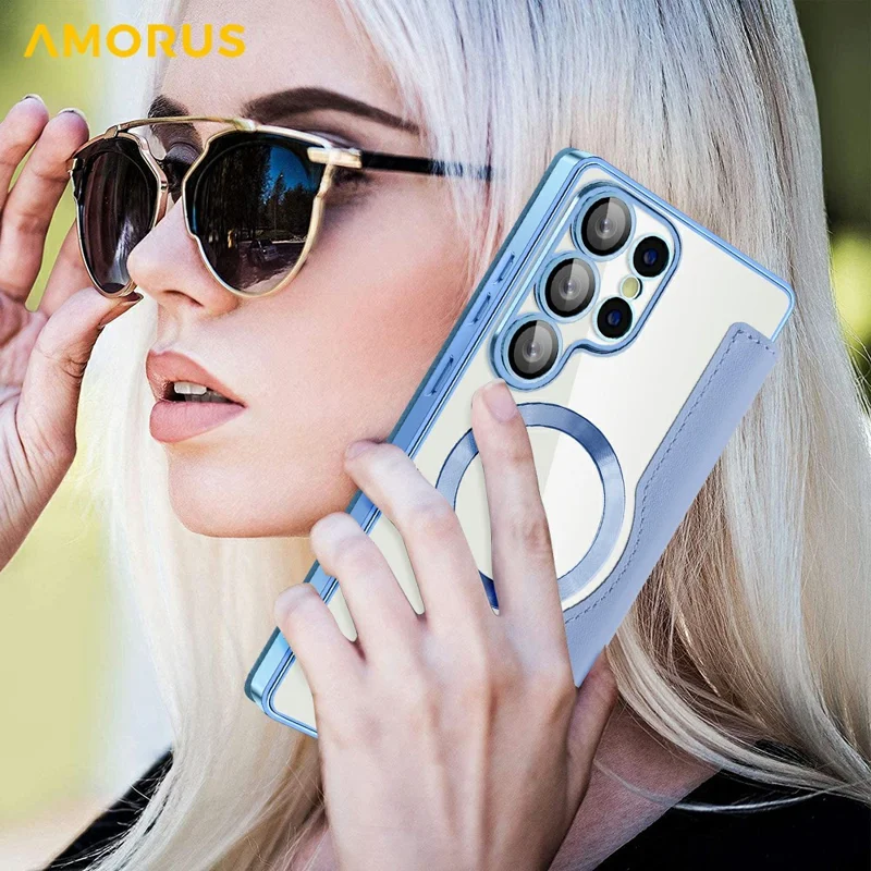 AMORUS For Samsung Galaxy S25 Ultra Case Magnetic Case RFID Blocking Card Holder Leather Phone Cover - Blue