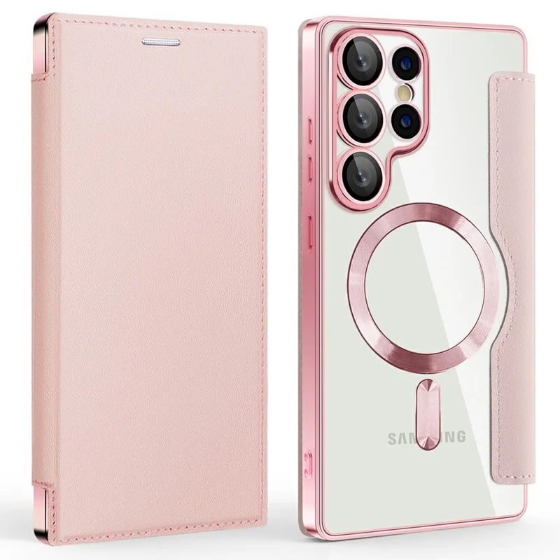 AMORUS For Samsung Galaxy S25 Ultra Case Magnetic Case RFID Blocking Card Holder Leather Phone Cover - Pink
