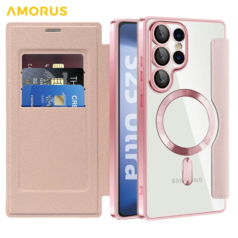 AMORUS For Samsung Galaxy S25 Ultra Case Magnetic Case RFID Blocking Card Holder Leather Phone Cover - Pink