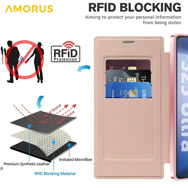 AMORUS For Samsung Galaxy S25 Ultra Case Magnetic Case RFID Blocking Card Holder Leather Phone Cover - Pink