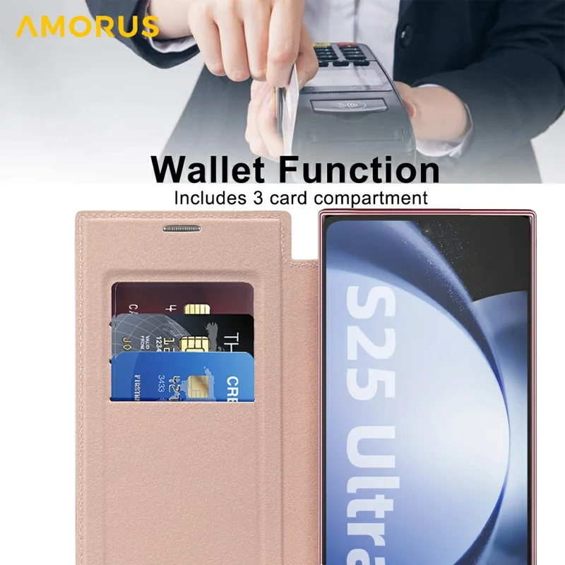 AMORUS For Samsung Galaxy S25 Ultra Case Magnetic Case RFID Blocking Card Holder Leather Phone Cover - Pink