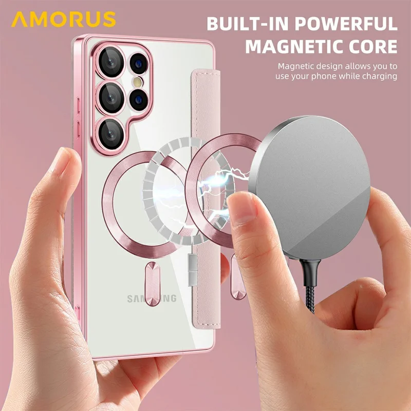 AMORUS For Samsung Galaxy S25 Ultra Case Magnetic Case RFID Blocking Card Holder Leather Phone Cover - Pink