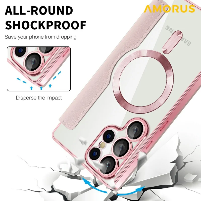 AMORUS For Samsung Galaxy S25 Ultra Case Magnetic Case RFID Blocking Card Holder Leather Phone Cover - Pink