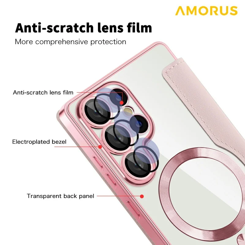AMORUS For Samsung Galaxy S25 Ultra Case Magnetic Case RFID Blocking Card Holder Leather Phone Cover - Pink