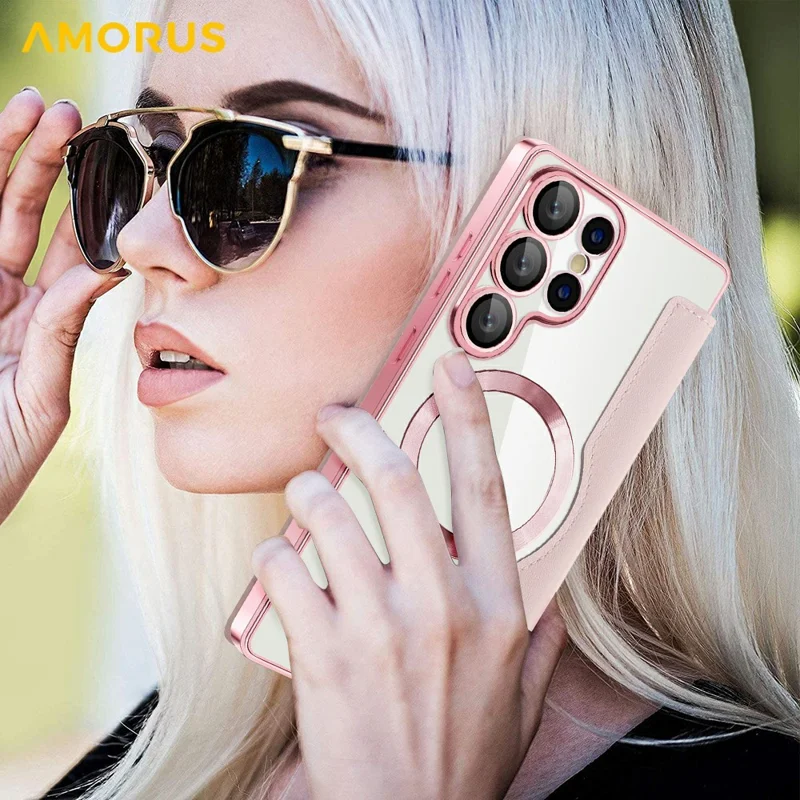 AMORUS For Samsung Galaxy S25 Ultra Case Magnetic Case RFID Blocking Card Holder Leather Phone Cover - Pink